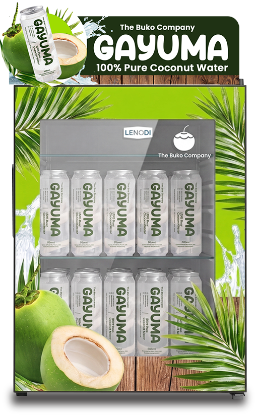 GAYUMA branded showcase chiller — front view with topper